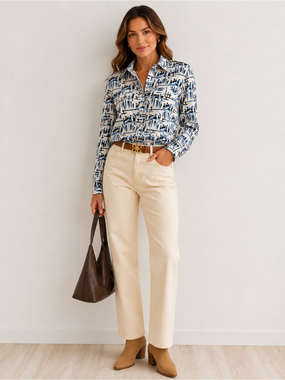 Tory Burch Blue Ivory Abstract Print Silk Wool Utility Shirt Size 4